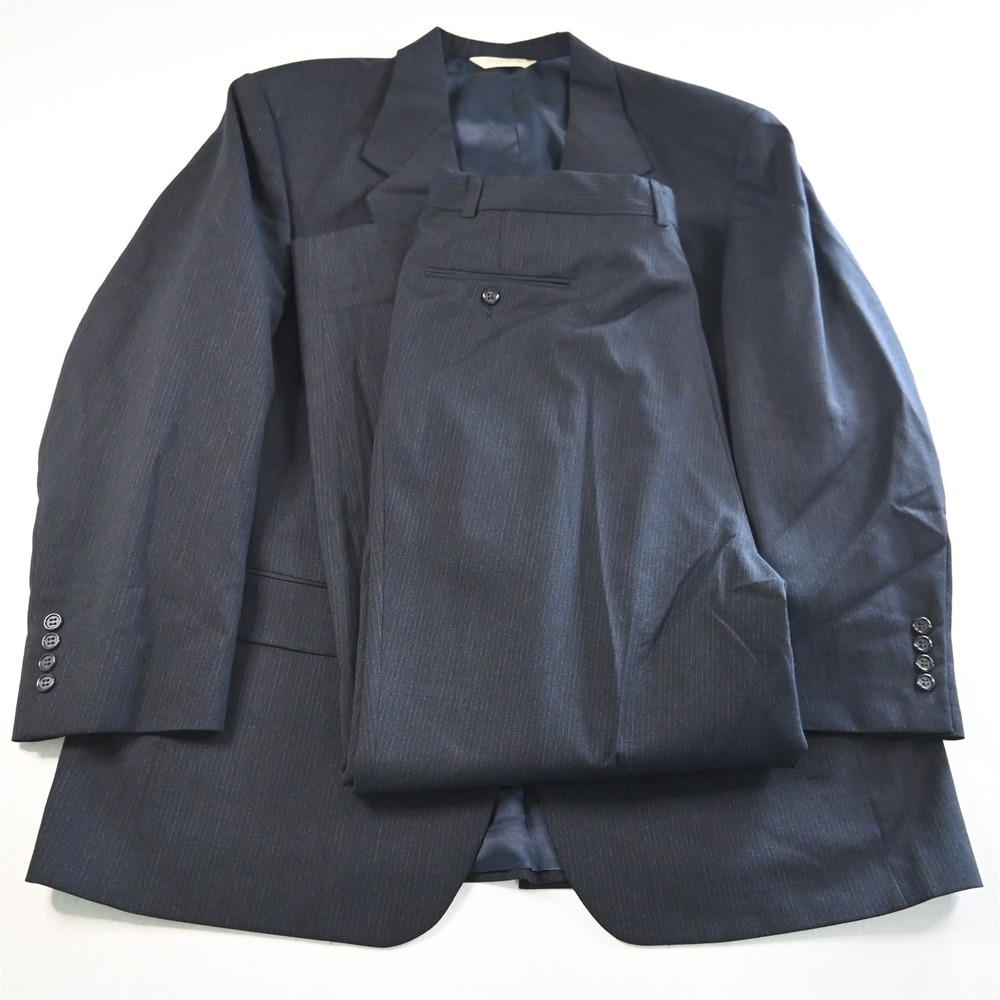 Vtg USA Made 48S 40x30 Navy Blue Striped 100% Wool Mens Jacket Pants Suit
